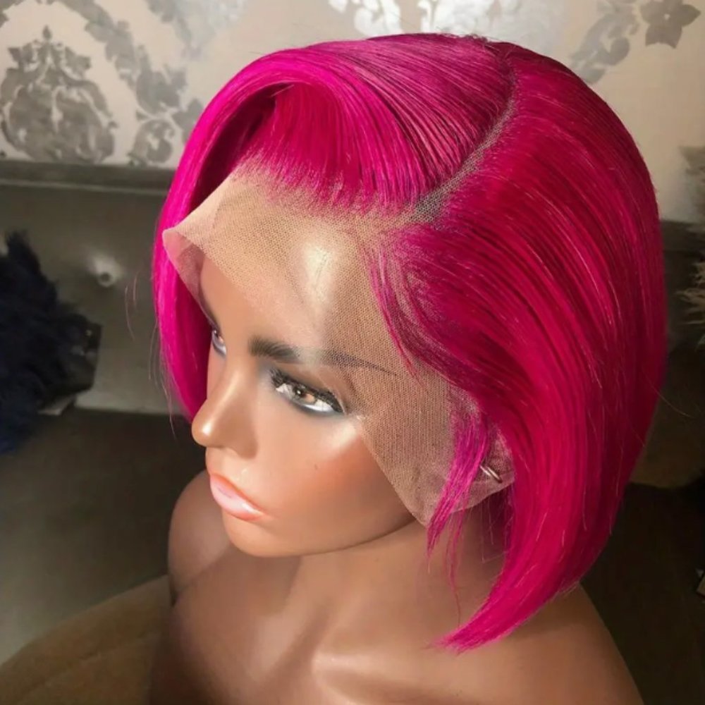 Hot Pink Color 13x4 Lace Frontal Bob Wigs Human Hair 150% Density
